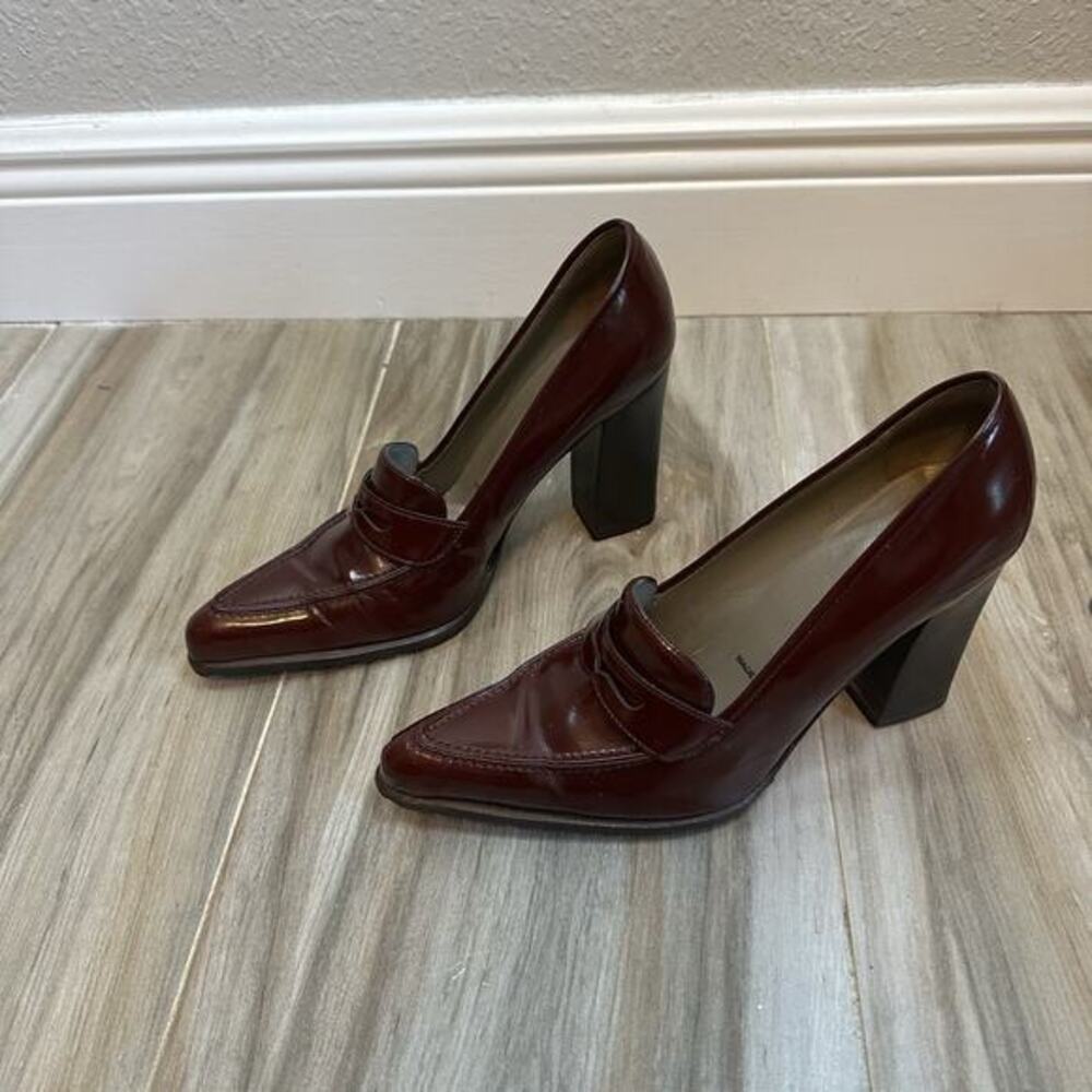 Prada Wine Leather Block Heel Loafers